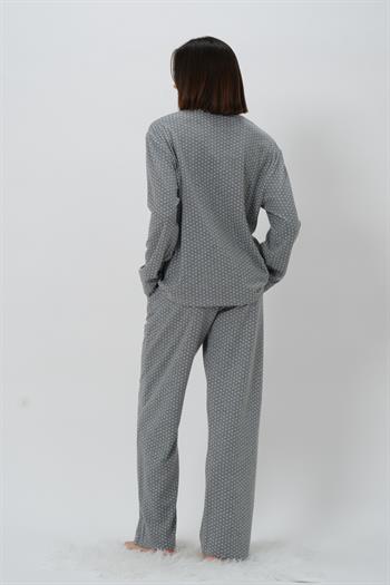 Kadın Puantiyeli Düğmeli Pijama Takımı - Ekru