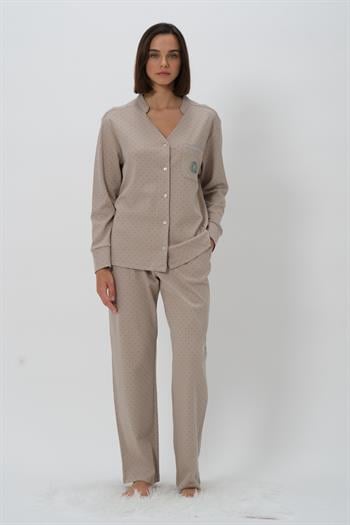 Kadın Puantiyeli Hakim Yaka Pijama Takımı - Vizon