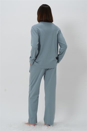 Kadın Puantiyeli Hakim Yaka Pijama Takımı - Buz Mavisi