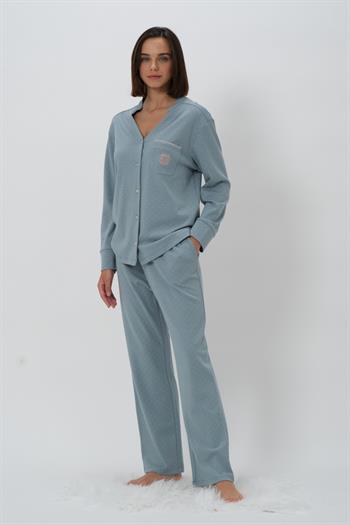 Kadın Puantiyeli Hakim Yaka Pijama Takımı - Buz Mavisi