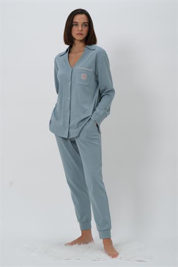 Kadın Puantiyeli V Yaka Pijama Takımı - Buz Mavisi