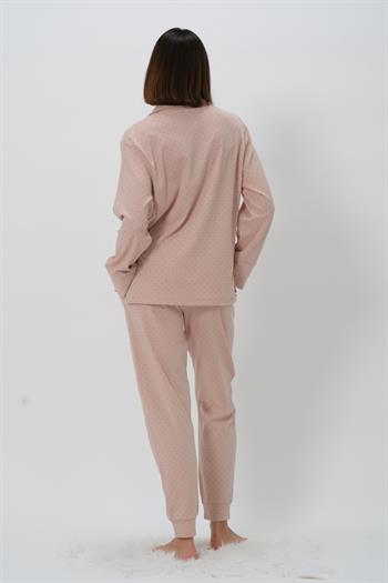 Kadın Puantiyeli V Yaka Pijama Takımı - Pudra