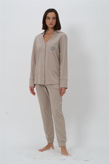 Kadın Puantiyeli V Yaka Pijama Takımı - Vizon