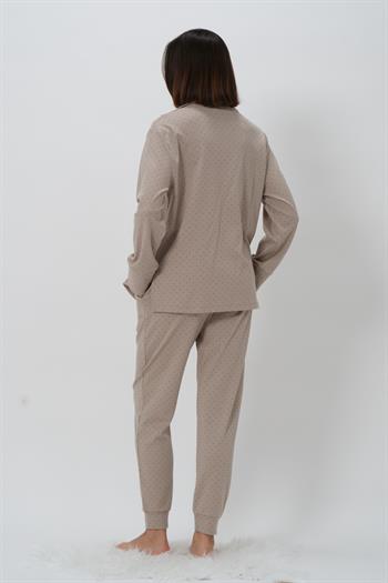 Kadın Puantiyeli V Yaka Pijama Takımı - Vizon