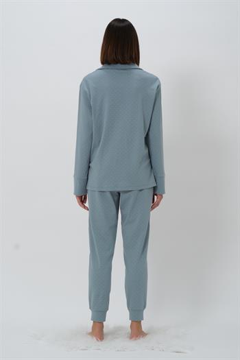 Kadın Puantiyeli V Yaka Pijama Takımı - Buz Mavisi