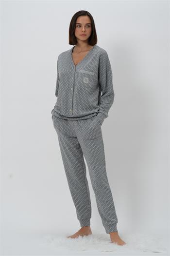 Kadın Puantiyeli V Yaka Pijama Takımı - Ekru