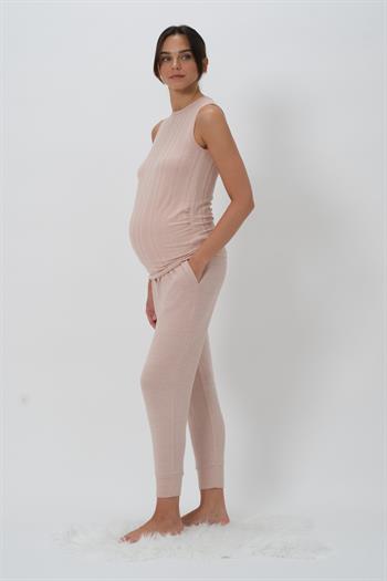 Kadın Sıfır Kol Bluz Hamile Pijama Takımı - Pudra