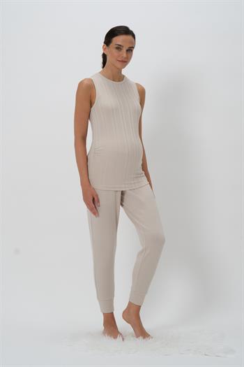 Kadın Sıfır Kol Bluz Hamile Pijama Takımı - Taş Rengi