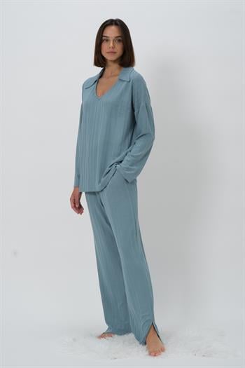 Kadın Yaka Detaylı Pijama Takımı - Buz Mavisi