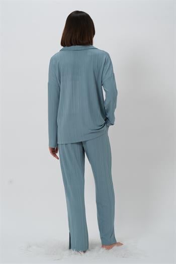 Kadın Yaka Detaylı Pijama Takımı - Buz Mavisi