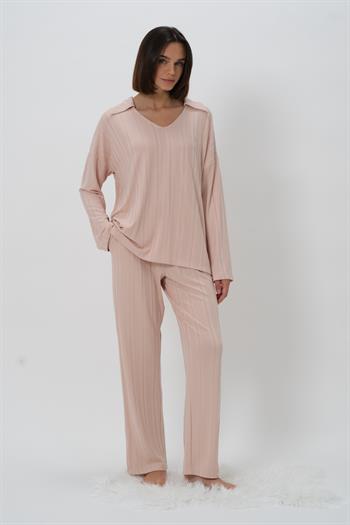 Kadın Yaka Detaylı Pijama Takımı - Pudra
