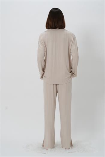 Kadın Yaka Detaylı Pijama Takımı - Taş Rengi