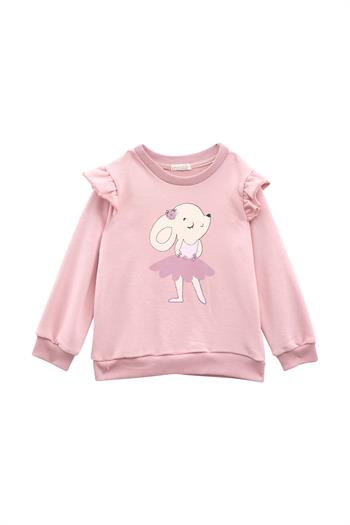 Kız Bebek Baskılı Kolları Fırfır Detaylı Eşofman Takımı - Pembe