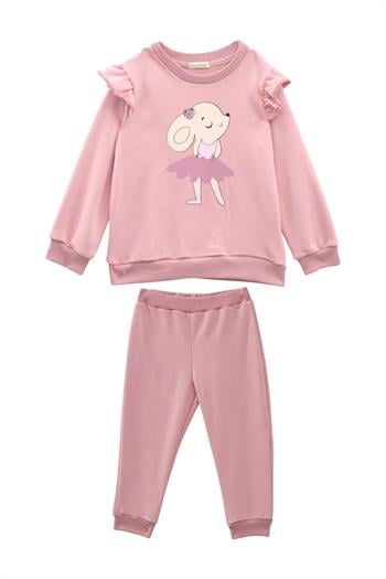 Kız Bebek Baskılı Kolları Fırfır Detaylı Eşofman Takımı - Pembe