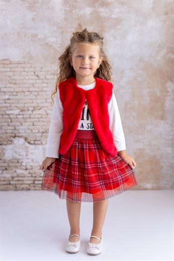 Kız Bebek Baskılı T-Shirt Ekose Etek ıkili Takım - Kırmızı