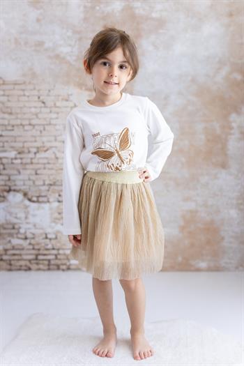 Kız Bebek Baskılı T-Shirt Etek Ikili Takım - Bej