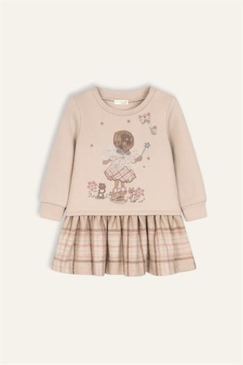 Kız Bebek Baskılı Ve Tül Detaylı Garnili Elbise - Ekose