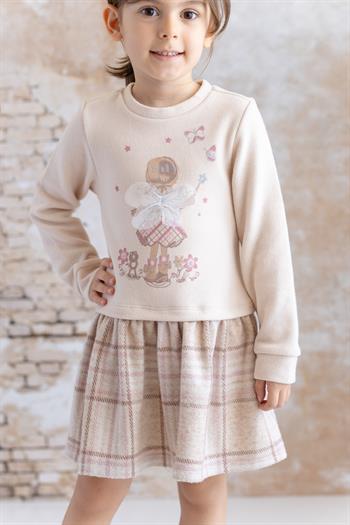 Kız Bebek Baskılı Ve Tül Detaylı Garnili Elbise - Ekose