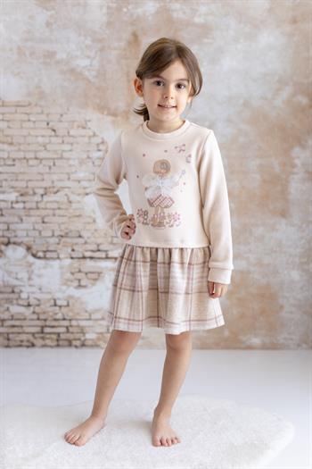 Kız Bebek Baskılı Ve Tül Detaylı Garnili Elbise - Ekose