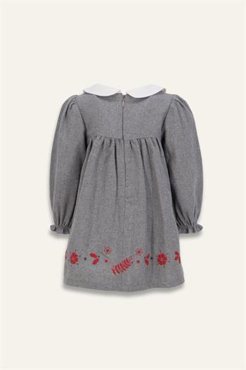 Kız Bebek Bebe Yaka Nakışlı Dokuma Elbise - Gri