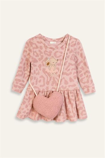 Kız Bebek Çanta Aksesuarlı Jakarlı Elbise - Pembe