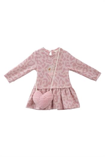 Kız Bebek Çanta Aksesuarlı Jakarlı Elbise - Pembe