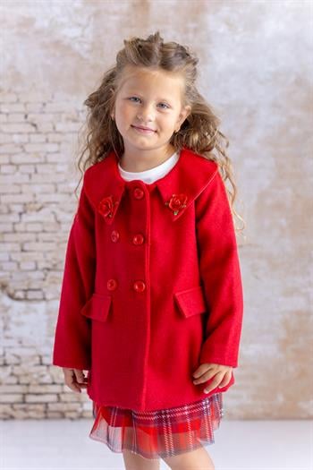 Kız Bebek Gül Detaylı Kaşe Kaban - Kırmızı