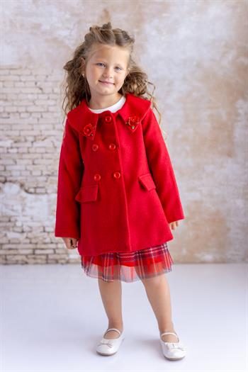 Kız Bebek Gül Detaylı Kaşe Kaban - Kırmızı