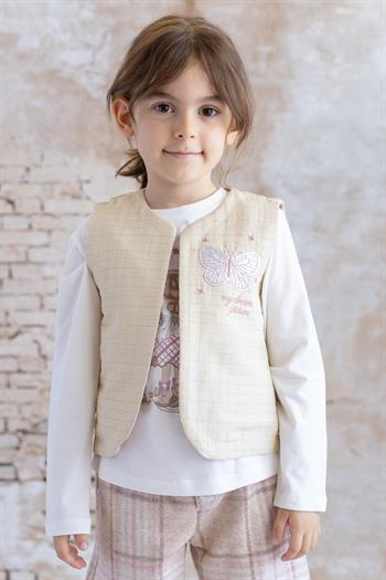 Kız Bebek Nakış Ve Baskılı Şort T-Shirt Yelek Üçlü Takım - Bej