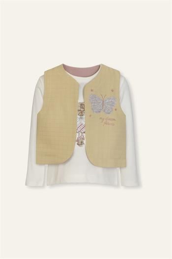 Kız Bebek Nakış Ve Baskılı Şort T-Shirt Yelek Üçlü Takım - Bej