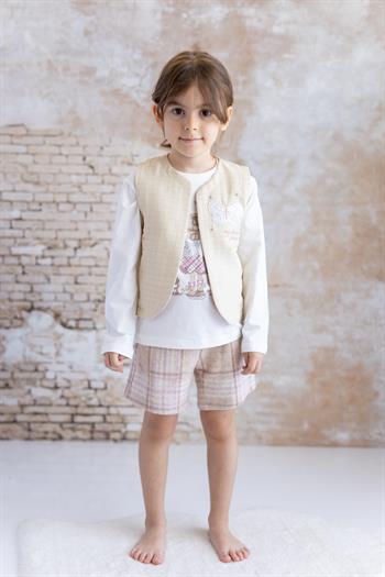 Kız Bebek Nakış Ve Baskılı Şort T-Shirt Yelek Üçlü Takım - Bej