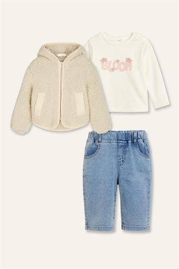 Kız Bebek Peluş Montlu 3lü Takım  - Bej