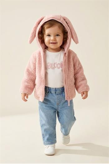 Kız Bebek Peluş Montlu 3lü Takım  - Pudra