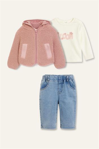 Kız Bebek Peluş Montlu 3lü Takım  - Pudra