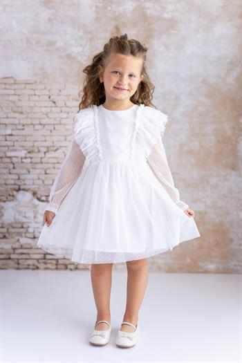 Kız Bebek Puantiyeli Tül Elbise - Ekru