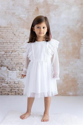 Kız Bebek Puantiyeli Tül Elbise - Ekru