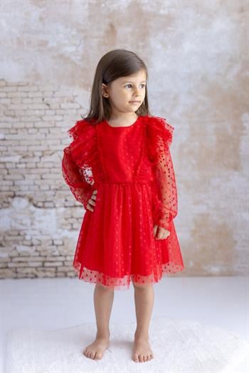 Kız Bebek Puantiyeli Tül Elbise - Kırmızı