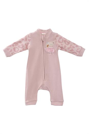 Kız Bebek Tavşan Nakışlı Kolları Garnili Tulum - Pembe