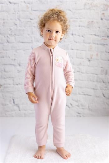 Kız Bebek Tavşan Nakışlı Kolları Garnili Tulum - Pembe