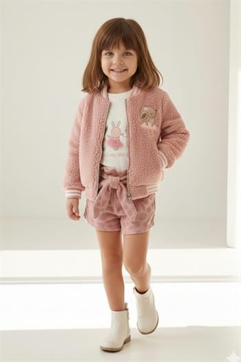 Kız Bebek Tavşan Nakışlı Peluş Mont - Pembe