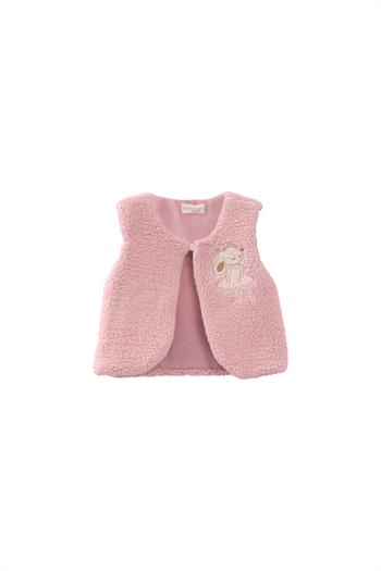 Kız Bebek Tavşan Nakışlı Peluş Yelek - Pembe