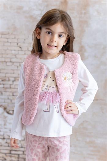 Kız Bebek Tavşan Nakışlı Peluş Yelek - Pembe