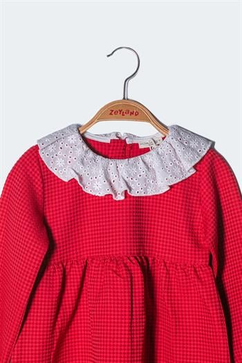 Kız Bebek Yaka Detaylı Dokuma Elbise