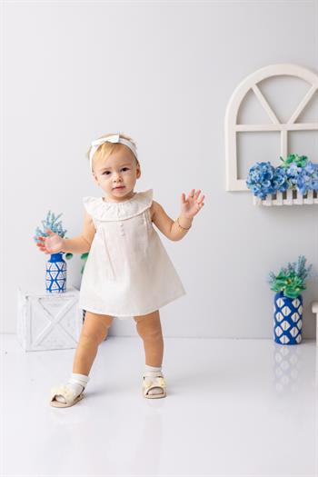 Kız Bebek Yakası Fırfırlı Badili Elbise - Ekru
