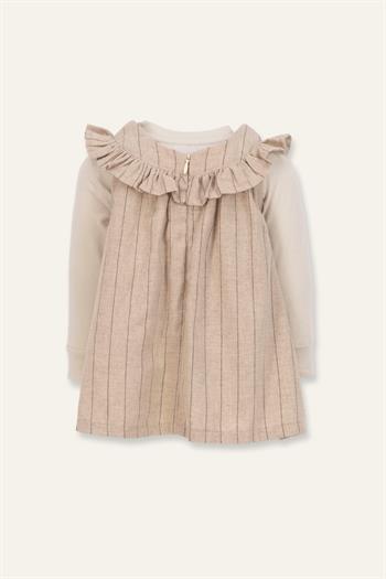 Kız Bebek Yakası Fırfırlı Elbise ve Bluz Takım - Bej