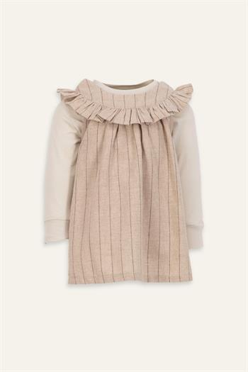 Kız Bebek Yakası Fırfırlı Elbise ve Bluz Takım - Bej