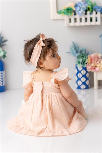 Kız Bebek Yakası ve Eteği Fırfırlı Nakışlı Vual Elbise - Yavruağzı