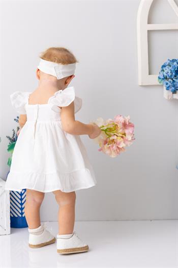 Kız Bebek Yakası ve Eteği Fırfırlı Nakışlı Vual Elbise - Ekru