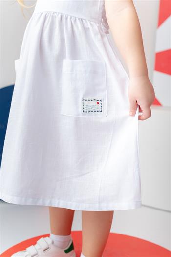 Kız Çocuk Askılı Cepli Midi Elbise - Beyaz