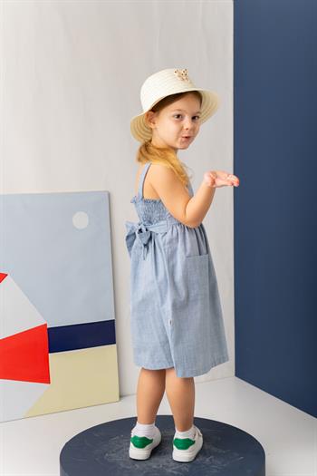 Kız Çocuk Askılı Cepli Midi Elbise - İndigo